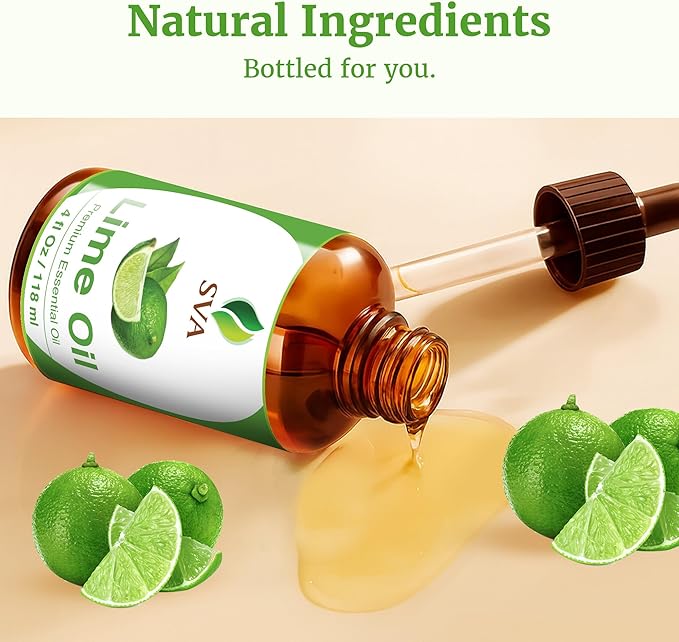 SVA Lime Essential Oil – 4 Fl Oz – 100% Natural Lime Oil - for Diffuser, Hair Care, Face, Skin Care, Aromatherapy, Scalp and Body Massage, Soap and Candle Making - with Dropper