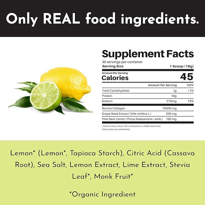 JUST INGREDIENTS Lemon Lime Collagen Peptides – 30 Servings – Supports Joint, Skin, Hair & Nail Health with Grass-Fed Hydrolyzed Collagen Types I & III – Refreshing Lemon Lime Flavor