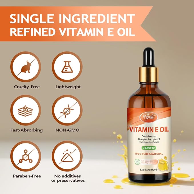 Vitamin E Oil - 100% Pure & Natural, 70,000 IU Cold-Pressed Organic Vitamin E Oil for Skin, Face, Hair, Nails & Scars, D-Alpha Tocopherol Rich, Deep Moisturizing and Firming Skin