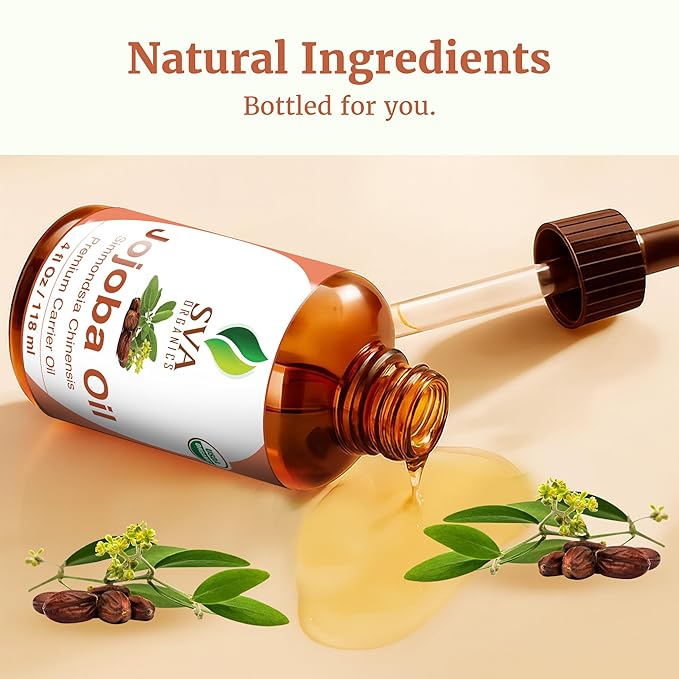 SVA Jojoba Seed Oil Organic - 4 Fl Oz – 100% Natural Cold Pressed Organic Jojoba Oil - for Face, Skin Care, Hair Care, Scalp Massage & Body Massage – Carrier Oil with Dropper