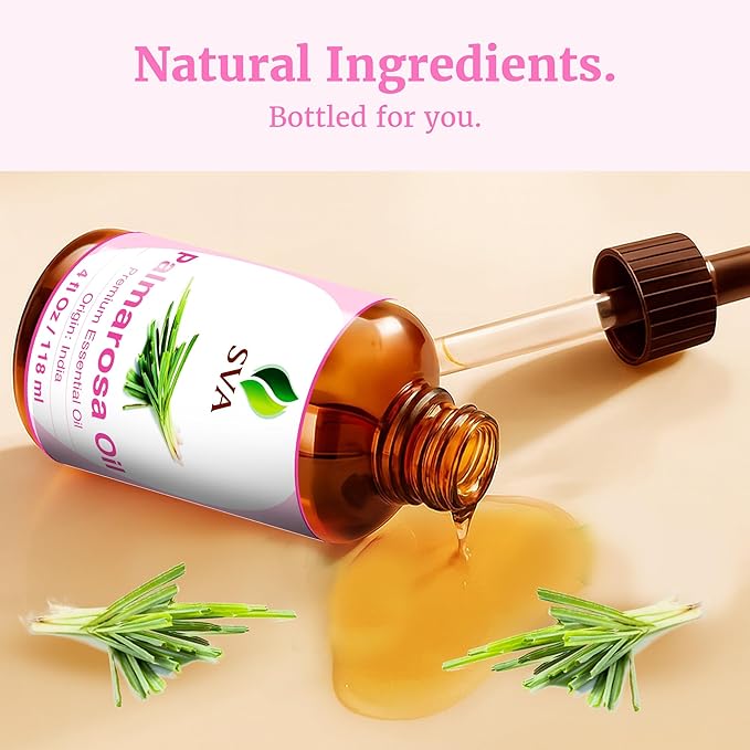 SVA Palmarosa Essential Oil – 4 Fl Oz – 100% Natural Palmarosa Oil - for Diffuser, Hair Care, Face, Skin Care, Aromatherapy, Scalp and Body Massage, Soap and Candle Making – with Dropper