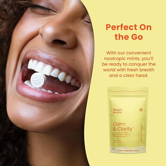 NeuroGum Calm & Clarity Mints (Honey Lemon, 90 Pieces) | GABA + L-Theanine + Vitamin D3 | Sugar Free Mood & Stress Relief Supplement