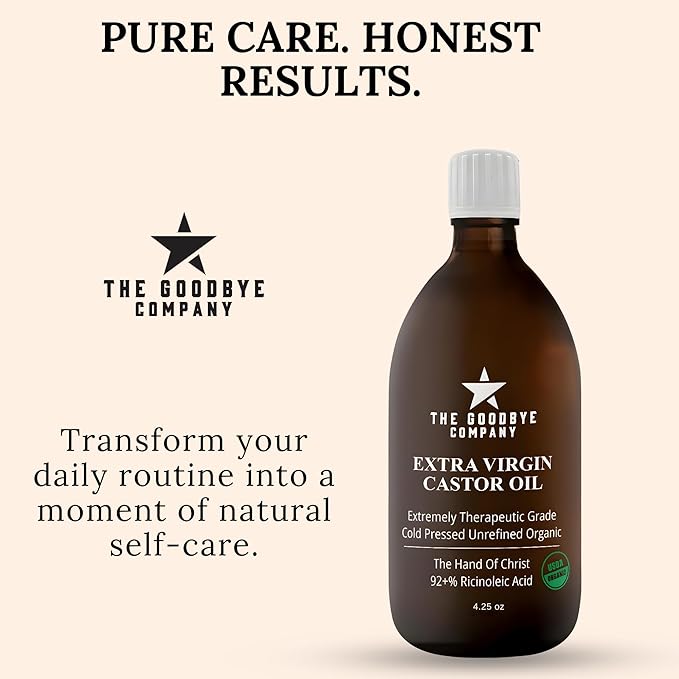 The Goodbye Company Organic Castor Oil for Hair, Skin & Eyelashes – 100% Pure, Cold-Pressed, Hexane-Free, Unrefined – Nourishing Beauty & Wellness Oil in Dark Glass Bottle – 4.25oz