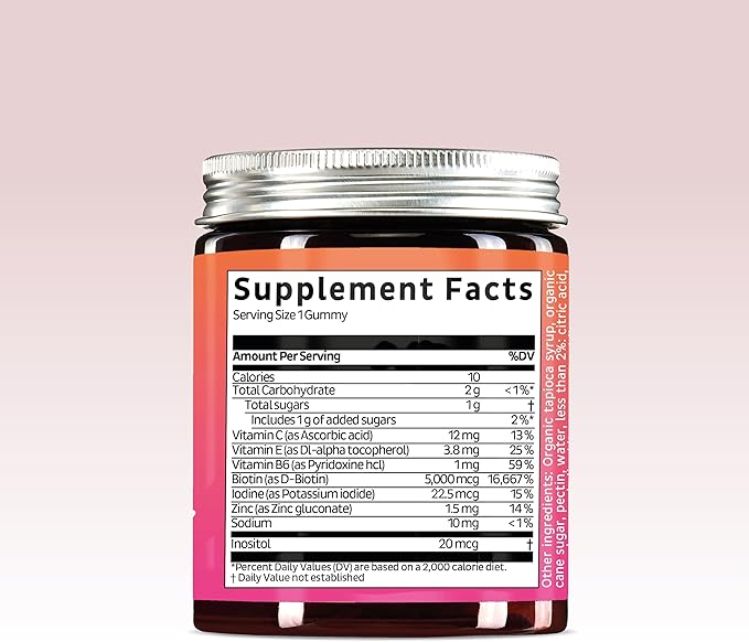 Biotin Gummies for Hair, Skin & Nails. 5,000 mcg High Potency Vegan Vitamins for Faster Hair Growth, Stronger Nails & Healthy Skin. with Vitamins C & E, 60 Gummies