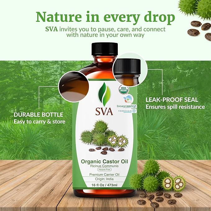 SVA Castor Seed Oil Organic - 16 Fl Oz – 100% Natural Cold Pressed Organic Castor Oil - for Face, Skin Care, Hair Care, Scalp Massage & Body Massage with Pump