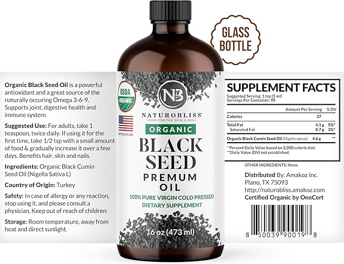 NaturoBliss Organic Black Seed Oil 100 Virgin Cold Pressed in Glass Bottle Omega 3 6 9 Super Antioxidant Immune Support Joints Mobility Digestion Hair Skin Vegan Gluten-Free NonGMO USDA Certified 16oz