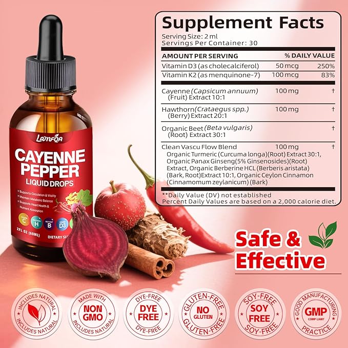 Cayenne Pepper Liquid Drops - Potent Blend with Hawthorn Berry, Turmeric Curcumin, Vitamin D3 K2, Beet Root & Panax Ginseng - Vegan, Non-GMO, High Absorbed Gentle Formula - 2 OZ