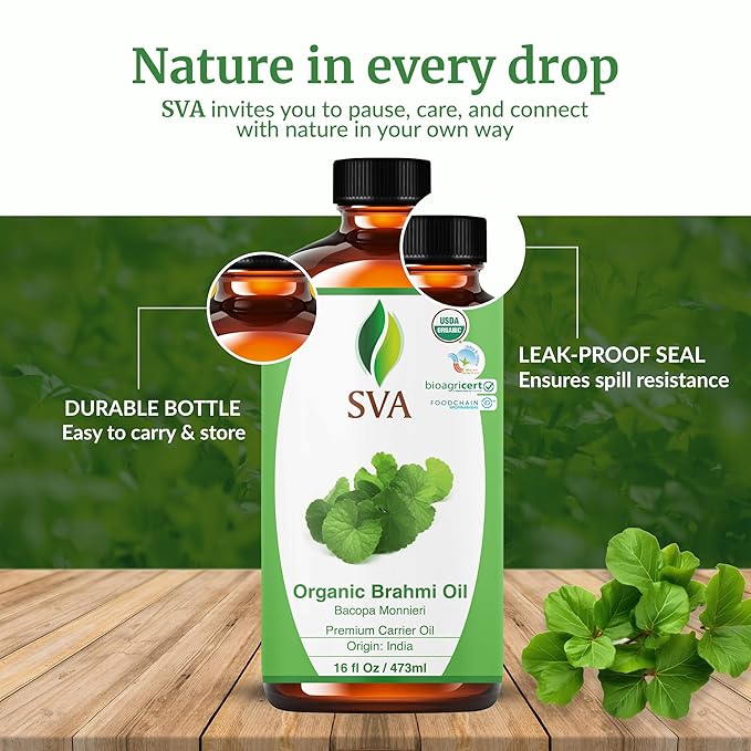 SVA Brahmi Oil Organic - 16 Fl Oz – 100% Natural Cold Pressed Organic Brahmi- for Face, Skin Care, Hair Care, Scalp Massage & Body Massage – Carrier Oil