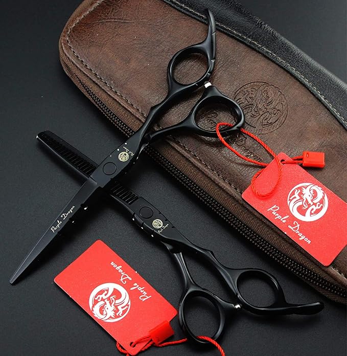 Purple Dragon Professional Japan 440C Hair Salon Cutting Shear and Barber Thinning Scissor Hairdressing Shear Set with Bag (Black, 6 Inch)