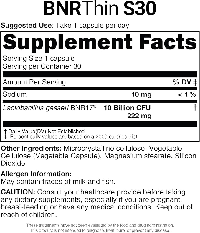 BNRThin S30, Lactobacillus Gasseri BNR17, 10 Billion CFU Guaranteed, 30Capsules