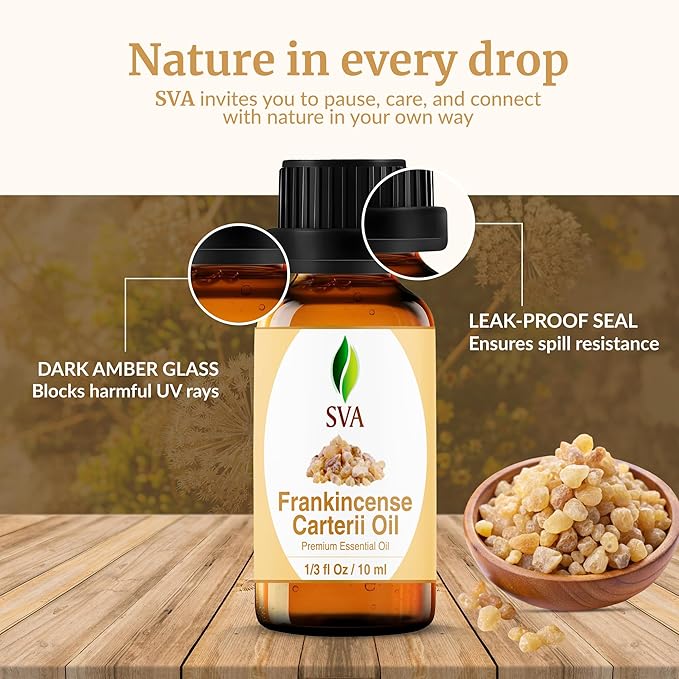 SVA Frankincense Essential Oil – 1/3 Fl Oz – 100% Natural Boswellia Carterii Oil - for Diffuser, Hair Care, Face, Skin Care, Aromatherapy, Scalp and Body Massage, Soap and Candle Making