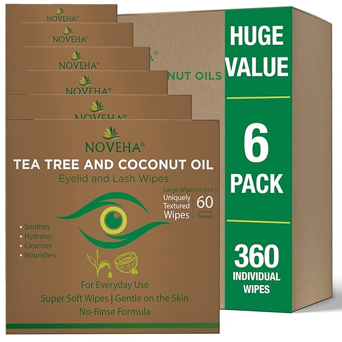 NOVEHA 360PCs Tea Tree & Coconut Oil Eyelid & Lash Wipes | For Demodex, Blepharitis & Itchy Eyes, Box Of 60 Individually Wrapped Eyelash Wipes With Aloe Vera, Natural Makeup Remover