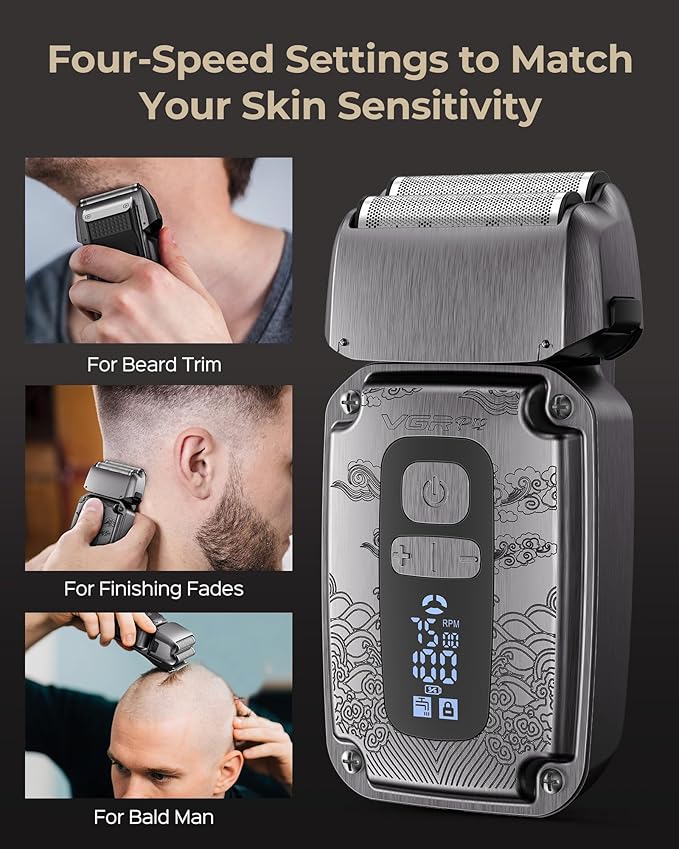 Foil Shaver for Men, Electric Razor for Men Face Beard, Waterproof Cordless Electric Razor for Travel, 4-Speed Setting, USB-C Rechargeable, LED Battery Display, Barber or Home Use (Gray)