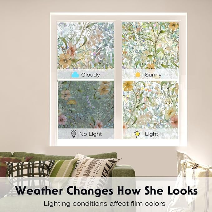 Volcanics Stained Glass Window Film with Installation Tools, Rainbow Window Privacy Film, Decorative Window Clings for Glass Windows, Static Cling Sun Blocking Floral Decals, 35.4 x 78.7 Inch