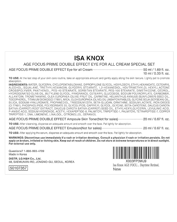 Isa Knox AGE FOCUS Prime Double Effect Eye For All Cream Set (3.4fl oz) - Korean Skincare Set, Lightweight Rich Eye Cream, Toner, Emulsion by LG Beauty. Daytime Retinol.