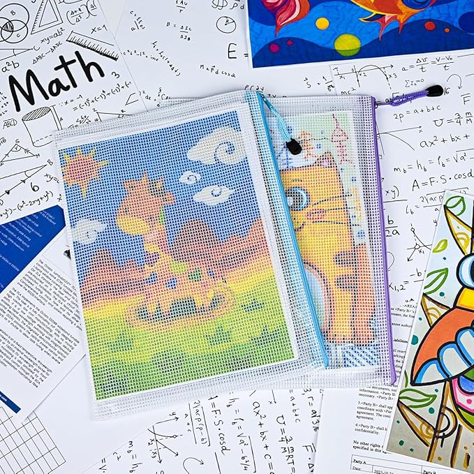 AUSTARK Plastic Mesh Zipper Pouch, 12 Pcs Zipper File Bags with Label Pocket, Game Boards Storage Bags, Waterproof Document Storage Bags for Office Home Travel Cosmetic (A4 Size 13.4 x 9.4 in)