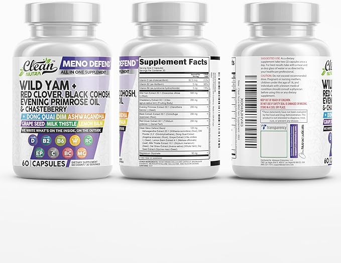 Clean Nutra Wild Yam Root Capsules with Red Clover Black Cohosh Evening Primrose Oil Chasteberry Dong Quai DIM Ashwagandha Grape Seed Extract Milk Thistle Lemon Balm and more Hormone Balance For Women