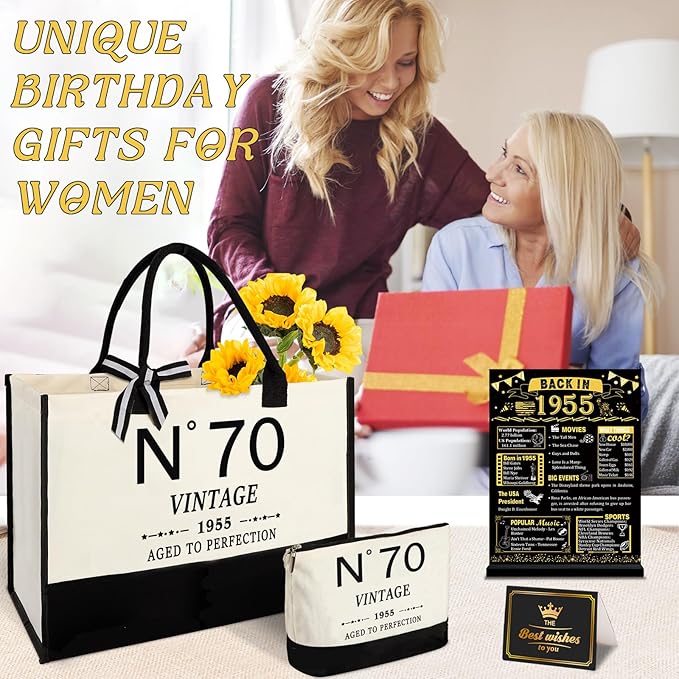 70th Birthday Gifts for Women Canvas Tote Bag Travel Gear, Unique 70 Years Old Gifts for Wife Sister Mom Aunt Friends Her, Vintage N°70 Handbag & Cosmetic Bag & Back in 1955 Poster