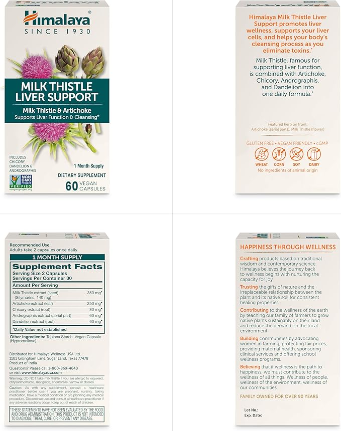 Himalaya Milk Thistle Liver Support - with Chicory, Andrographis, Dandelion, and Silymarin for Liver Cleanse, Detox and Function - Vegan, Non-GMO, Gluten Free, 350 mg, 60 Capsules