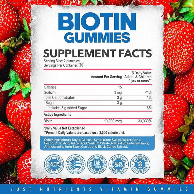 Biotin 10,000mcg Gummies for Women & Men - 2X High Potency Biotin for Hair Growth, Skin & Nails - Gluten-Free, Vegan, Non-GMO, Great Tasting Strawberry Flavor - 60 Gummies