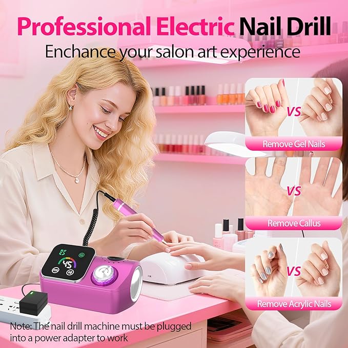 Professional Electric Nail Drill E-File Machine - 45,000 RPM Corded Nail Drills Kit with Low Noise & LED Display for Shaping, Removing & Polishing Acrylic Gel Nails for Salon Home