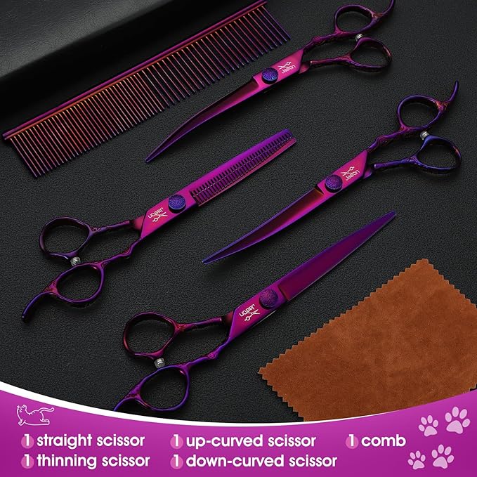 JASON Professional 6 in 1 Dog Shears Kit - 6.5" Thinning, 7" Straight, 7" Up-Curved, 7" Down-Curved Scissors and Comb for Cat, Pet with Adjustable Screw (Purple)