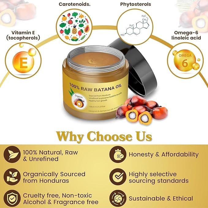 Batana Oil for Hair Growth ā 100% Raw Unrefined Organic Ojon Oil from Honduras ā Cold Pressed Hair Treatment for Thicker, Fuller, Healthier Hair ā Dry Scalp & Damage Repair ā 5.3 oz