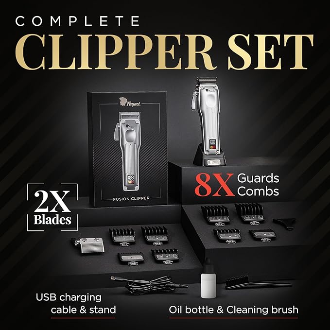 Fagaci Professional Hair Clippers for Men with Superior Precision, 5X Longer Sharpness Professional Barber Clippers Cordless with 2 Blades Fade & Taper, Brushless Motor Mens Hair Clipper Cordless Set
