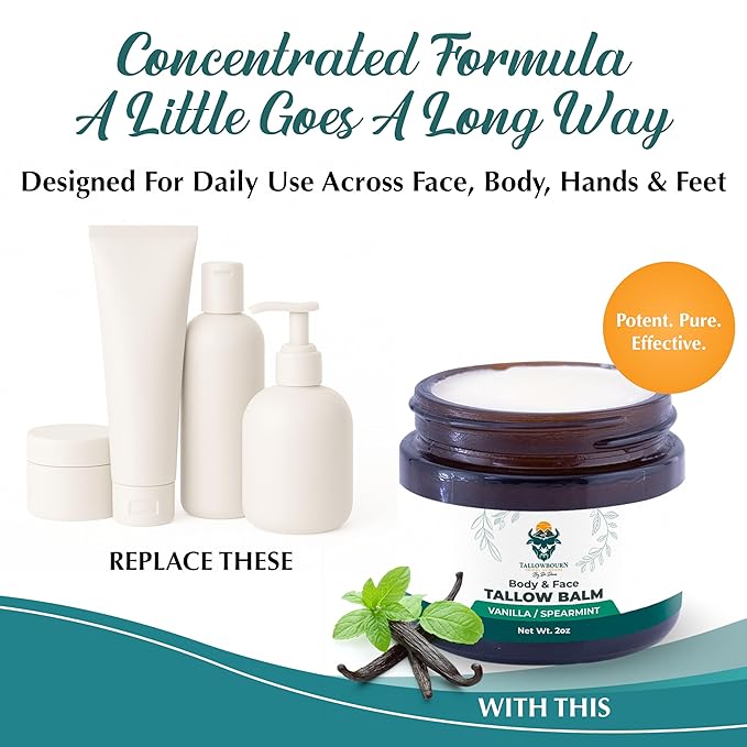 Dr. Dave's Primal Essence Grass Fed Beef Tallow Balm for Face and Body with Shea Butter, Organic Jojoba Oil, Honey, and Beeswax – Beef Tallow for Skin – Vanilla and Spearmint – 2 oz