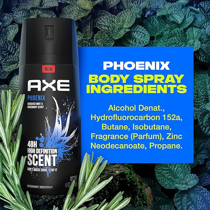 Axe Body Spray Deodorant For Long Lasting Odor Protection, Phoenix Deodorant For Men Formulated Without Aluminum 4oz 4 Count