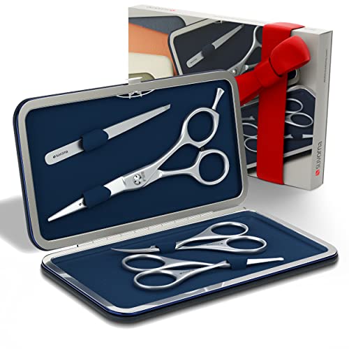 Suvorna Premium Beard & Mustache Set with Beard scissors for men - Facial Hair/Nose/Eyebrow Scissors - Slant Tweezers (4 Pcs Dark Blue)
