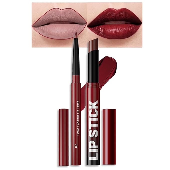 AMY'S DIARY 2Pcs Deep Red Lipstick and Lip Liner Combo, Lip Liner and Lip Stick Kit for Women, Matte Lip Pencil and Smooth Hydrating Lipstick, Non-Stick Lip Makeup Set (07#Wine Red)