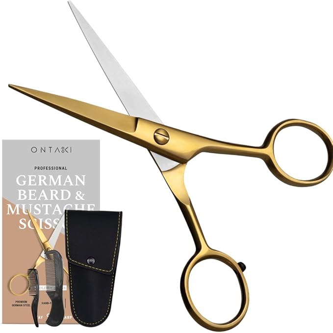 Ontaki Brass Grooming Kit - 5 in, Golden Brass - Beard Trimming Scissors, Mustache Comb & Beard Comb, Carrying Pouch