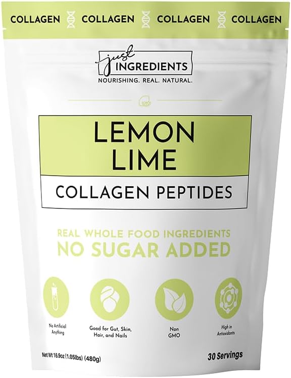 JUST INGREDIENTS Lemon Lime Collagen Peptides – 30 Servings – Supports Joint, Skin, Hair & Nail Health with Grass-Fed Hydrolyzed Collagen Types I & III – Refreshing Lemon Lime Flavor