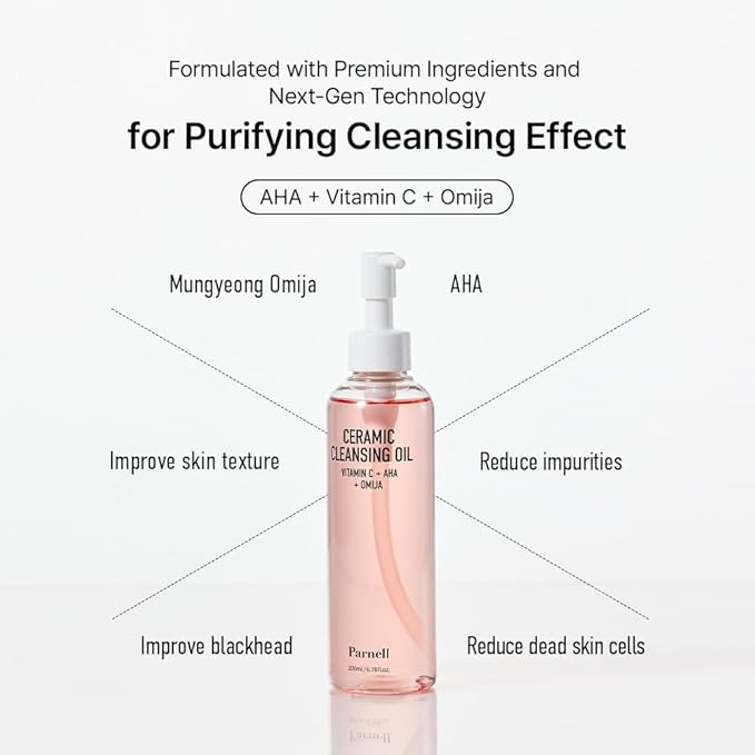 Parnell AHA Omija Ceramic Cleansing Oil 6.76 fl oz | Pore Purifying Sebum Control Deep Cleanser | AHA LHA PHA Omija | Non-Drying Korean Skincare (200ml)