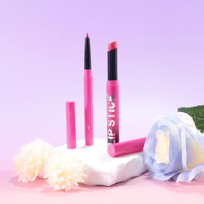 AMY'S DIARY 2Pcs Hot Pink Lipstick and Lip Liner Combo, Lip Liner and Lip Stick Kit for Women, Matte Lip Pencil and Smooth Hydrating Lipstick, Non-Stick Lip Makeup Set (05# Rose Pink)