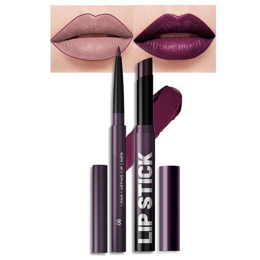 AMY'S DIARY 2Pcs Deep Purple Lipstick and Lip Liner Combo, Lip Liner and Lip Stick Kit for Women, Matte Lip Pencil and Smooth Hydrating Lipstick, Non-Stick Lip Makeup Set (08#Deep Plum Purple)