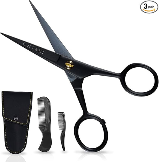 Ontaki Mustache Scissors for Men - 5-Inch, Black - German High-Carbon Steel Bevel-Edge for Precision - Beard Trimming Scissors - Includes Grooming Kit with Mustache & Beard Combs & Carrying Pouch