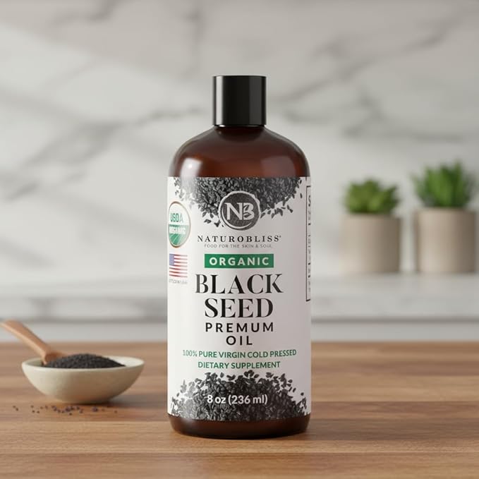 NaturoBliss Organic Black Seed Oil 100 Virgin Cold Pressed Omega 3 6 9 Super Antioxidant for Immune Support, Joints, Mobility, Digestion, Hair Skin Vegan, Gluten-Free, Non-GMO USDA Certified 8oz
