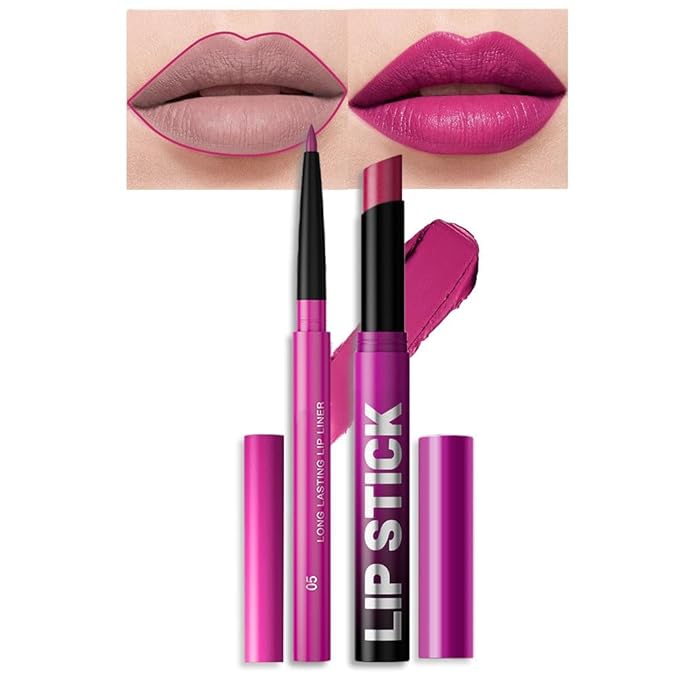 AMY'S DIARY 2Pcs Hot Pink Lipstick and Lip Liner Combo, Lip Liner and Lip Stick Kit for Women, Matte Lip Pencil and Smooth Hydrating Lipstick, Non-Stick Lip Makeup Set (05# Rose Pink)