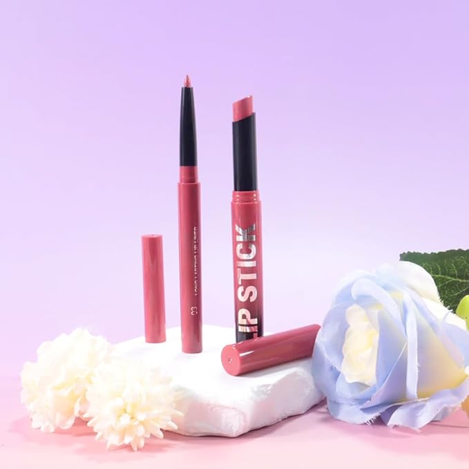 AMY'S DIARY 2Pcs Pink Purple Lipstick and Lip Liner Combo, Lip Liner and Lip Stick Kit for Women, Matte Lip Pencil and Smooth Hydrating Lipstick, Non-Stick Lip Makeup Set (03#Magenta Pink)