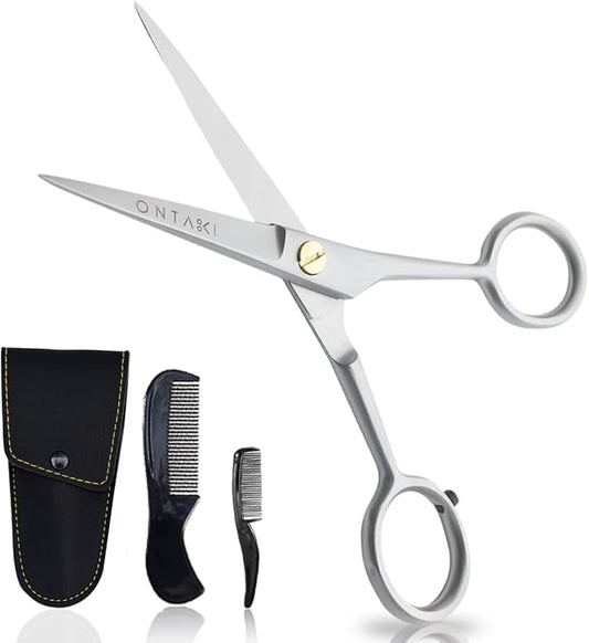 Ontaki German Steel Beard Scissors - 5-Inch, Silver, 1 Count - Beard Grooming Shears & Mustache Trimming Kit with Comb & Pouch, Airplane Friendly, Hand-Forged 410C Steel, Finger Rest