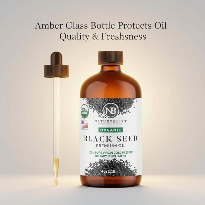 NaturoBliss Organic Black Seed Oil 100% Virgin Cold Pressed Omega 3 6 9 Super Antioxidant for Immune Support, Joints, Mobility, Digestion, Hair Skin Vegan, Gluten-Free, Non-GMO USDA Certified 4oz