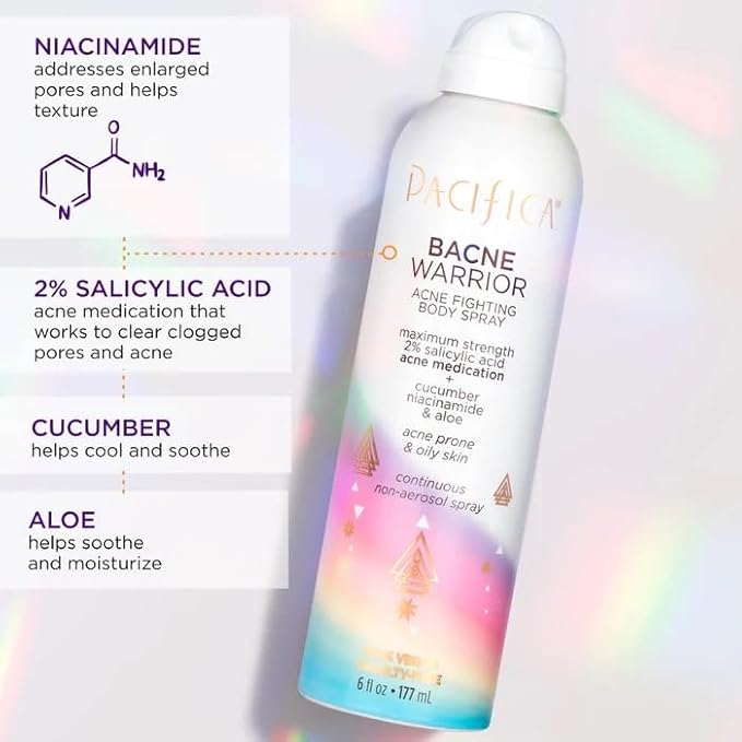 Pacifica Bacne Warrior - Bacne Salicylic Acid Spray, Back Acne Treatment Spray with 2% Salicylic Acid, Niacinamide, and Aloe, Body Acne Warrior for Body, Chest, and Back, Dermatologist Tested- 6 Fl Oz