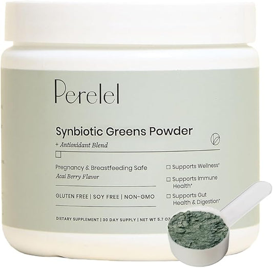 Perelel Synbiotic Greens Powder, Superfood Blend with Fruits, Vegetables, Probiotics, Fiber, Spirulina & Chlorella, Daily Greens Supplement, Soy & Gluten Free, Non GMO, Acai Berry Flavor, 30 Servings