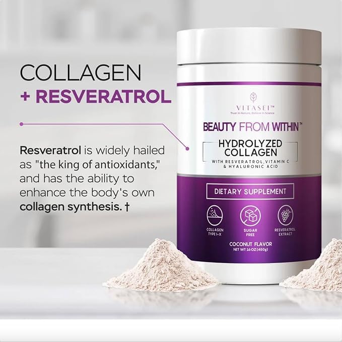 Hydrolyzed Collagen Peptides Powder with Vitamin C & Resveratrol - Hair, Skin and Nails Vitamins for Women & Men - Sugar Free - Coconut Flavored - 16 oz