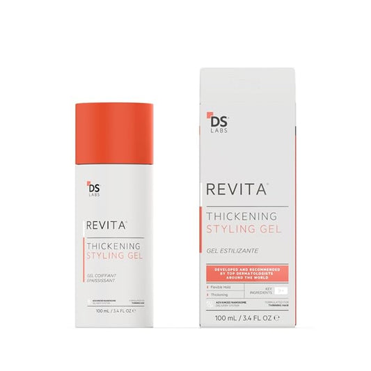 DS Labs Revita Hair Styling Gel for All Hair Types - Medium Hold, Volumizing & Thicker Looking Finish, With Ginseng, Zinc & Caffeine, Water Based, No Flakes or Residue, 3.4 Fl Oz