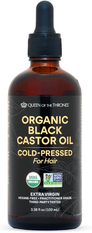 QUEEN OF THE THRONES Organic Black Castor Oil - 100mL with Dropper| 100% Pure, Certified Organic, Hexane-Free, Extra Virgin | Moisturizing & Conditioning Oil for Skin, Hair & Nails
