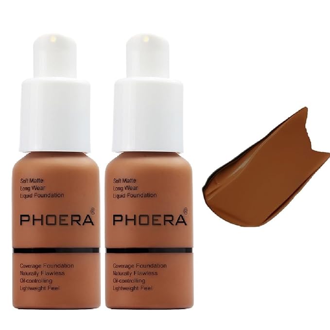2Pack PHOERA Foundation,Full Coverage Flawless Soft Matte 24 HR Oil Control Waterproof Concealer Makeup. (109-Mocha)