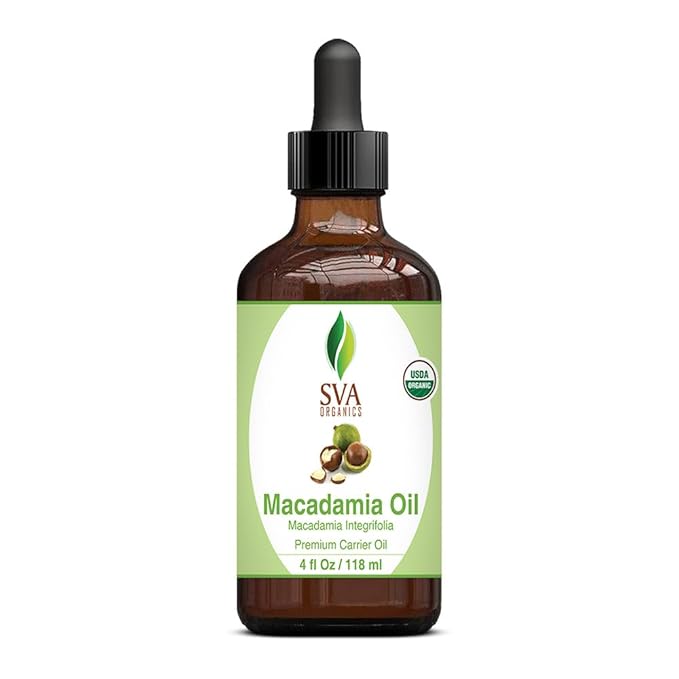 SVA Macadamia Seed Oil Organic - 4 Fl Oz – 100% Natural Cold Pressed Organic Macadamia Oil - for Face, Skin Care, Hair Care, Scalp Massage & Body Massage – Carrier Oil with Dropper